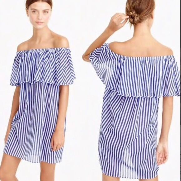 J. Crew Women's Size LARGE Off Shoulder Ruffle Striped Beach Cover Up Dress - Picture 1 of 8